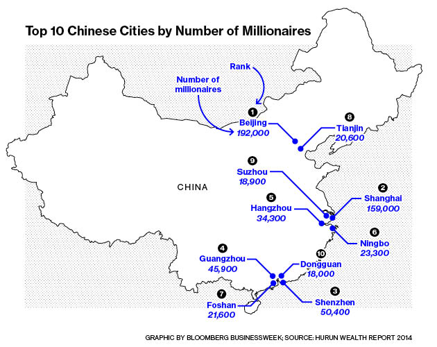 Mapping where China's rich live.  Graphic by Bloomberg Businessweek, data from Hurun Wealth Report 2014